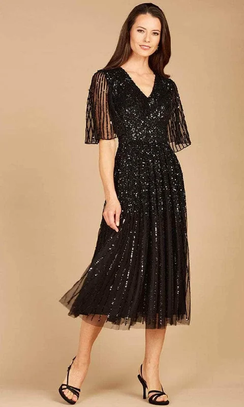 Sequined wedding guest dresses for an evening weddingLara Dresses 29221 - Beaded Short Sleeve Tea Length Dress