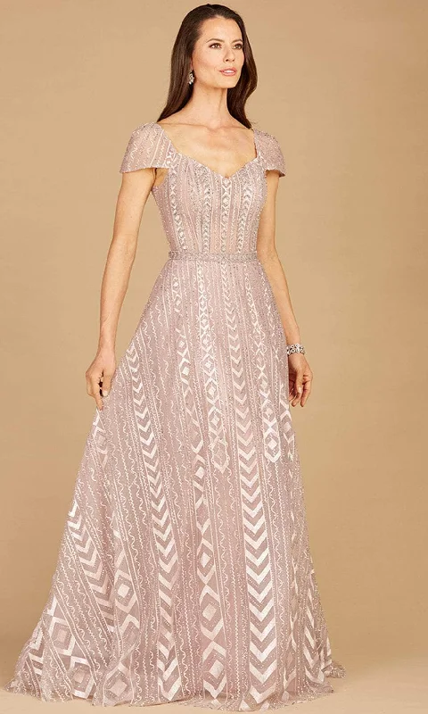 Midi wedding guest dresses in navy blue for a formal affairLara Dresses 29301 - Cap Sleeved Beaded Gown