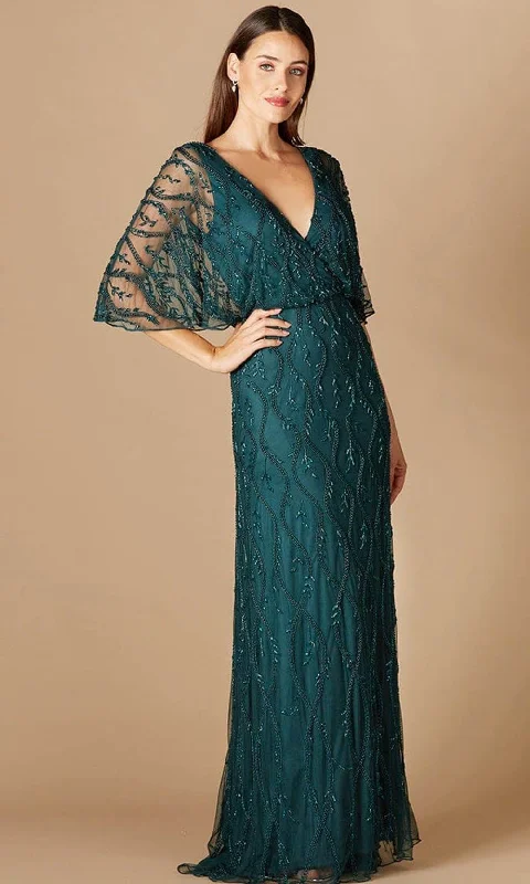 Satin wedding guest dresses with side slits for a sexy touchLara Dresses 29319 - Sheered Angel Sleeves V Neck Ball gown