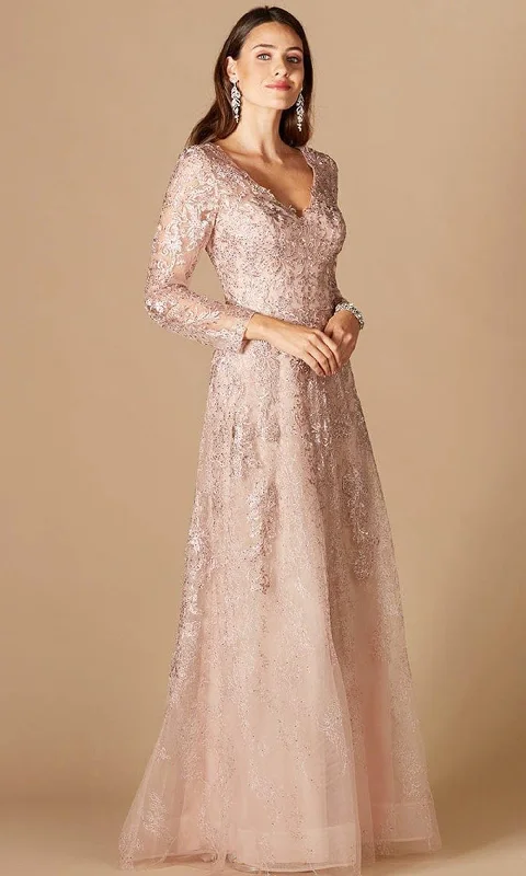 Bow - backed wedding guest dresses in silk for a luxurious feelLara Dresses 29326 - Floral Laced Plunging V Neck Long Sleeve Gown
