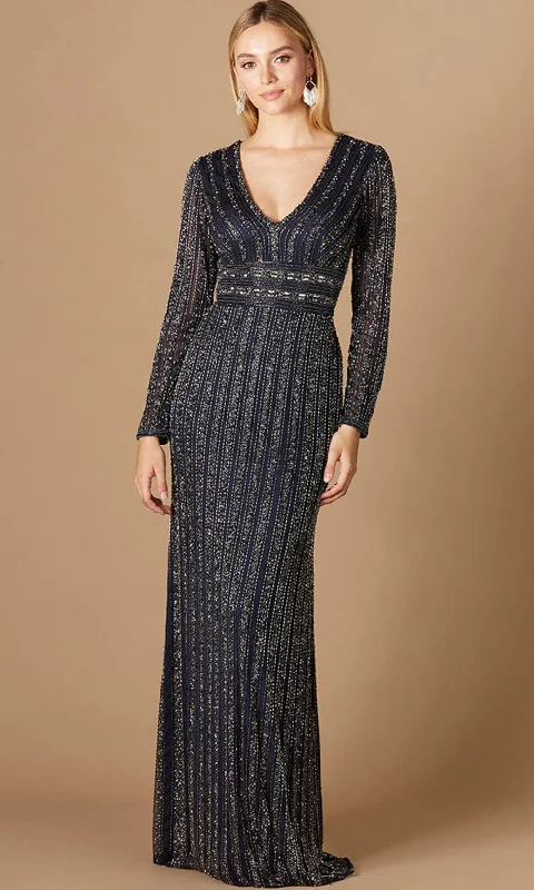 Wedding guest dresses with high - low hems and floral appliquesLara Dresses 29343 - Long Sleeved Empire V Neck Evening Gown