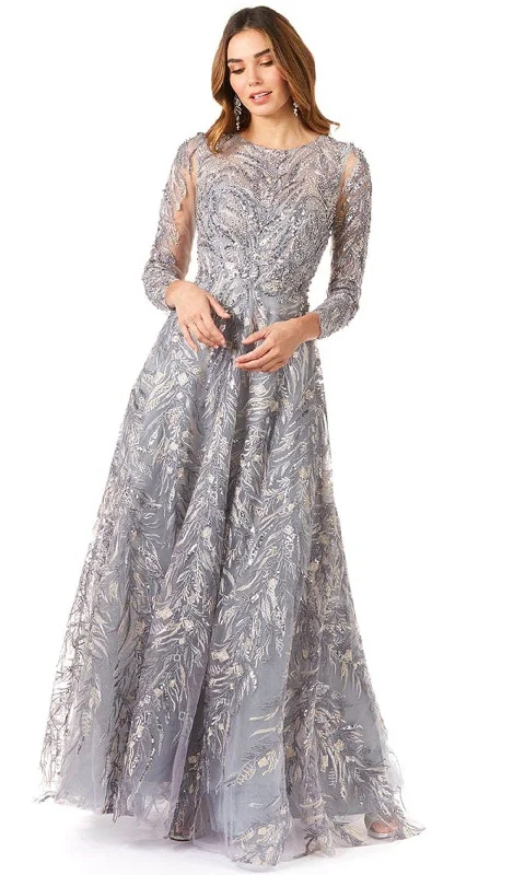 Wedding guest dresses with patchwork designs for a unique lookLara Dresses 29353 - Floral Beaded Sheer Bateau Long Sleeved Dress