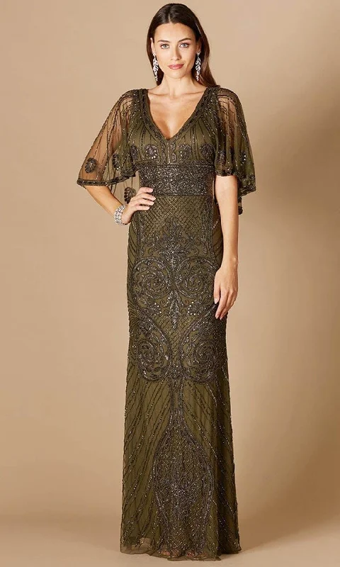 Metallic wedding guest dresses for a glamorous weddingLara Dresses 29356 - Sheer Capelet V Neck Prom Dress