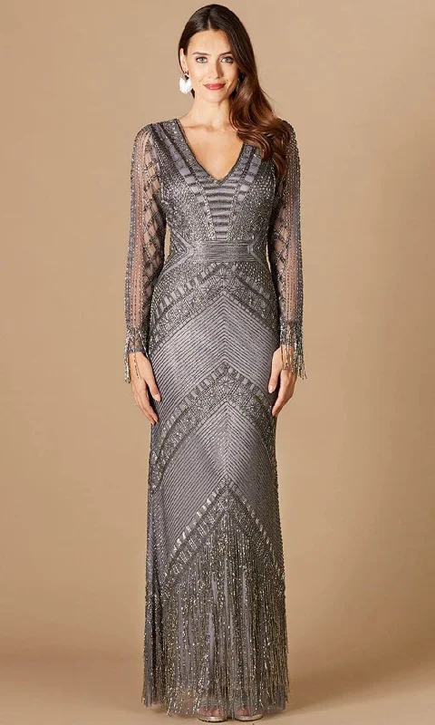 Wedding guest dresses with button - down fronts and A - line silhouettesLara Dresses 29364 - Fringe Beaded Long Sleeve Gown
