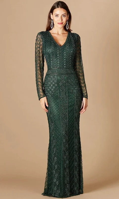 Embroidered wedding guest dresses in earthy tones for a rustic weddingLara Dresses 29365 - Plunging V Neck Sheered Long Sleeve Evening Gown
