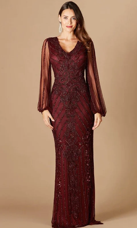 Wedding guest dresses with keyhole backs and flowing fabricsLara Dresses 29369 - Bishop Sheer Sleeves Beaded Long Dress