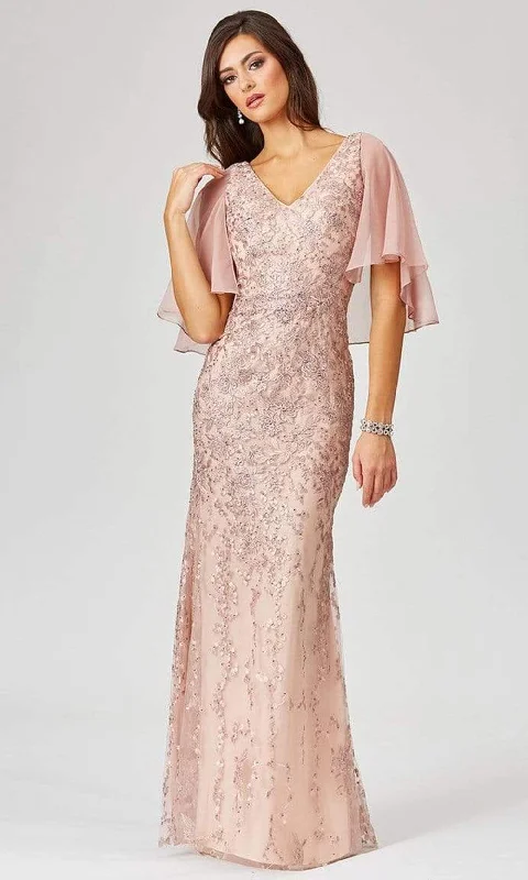 Wedding guest dresses with pom - pom trims for a playful lookLara Dresses - 29465 Cape Sleeve Embroidered Ruffle Accent Gown