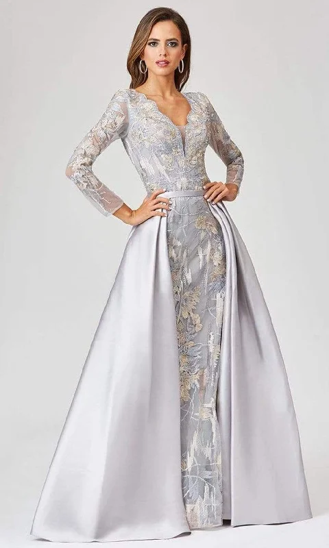 Velvet - trimmed wedding guest dresses in burgundy for a formal eventLara Dresses - 29468 Scalloped V-Neck Embroidered Overskirt Gown