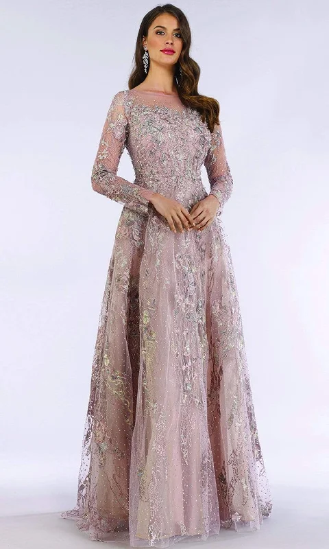 Maxi wedding guest dresses with floral prints for summer weddingsLara Dresses - 29618 Illusion Long Sleeve Beaded Adorned Evening Gown