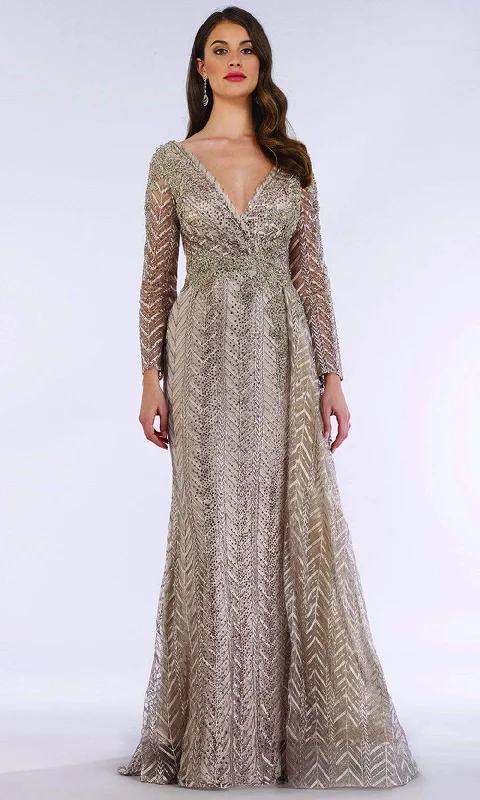 Ribbed - texture wedding guest dresses in neutral colorsLara Dresses - 29620 Trimmed V Neck Long Sleeve Adorned Evening Gown