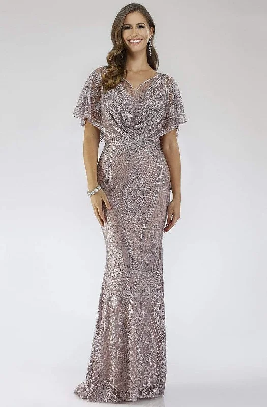 Midi wedding guest dresses in navy blue for a formal affairLara Dresses - 29673 Embroidered V-neck Trumpet Dress