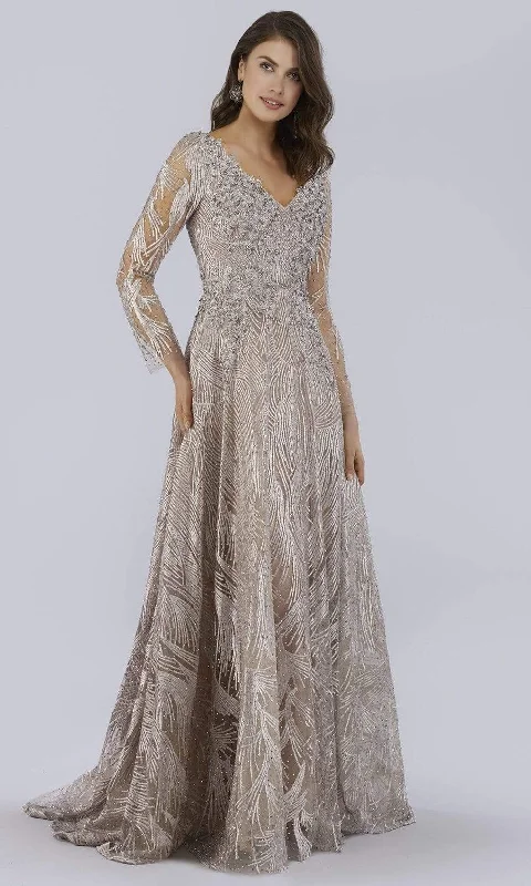Satin wedding guest dresses with side slits for a sexy touchLara Dresses - 29753 V Neck Long Sleeves Beaded Embroidered Gown