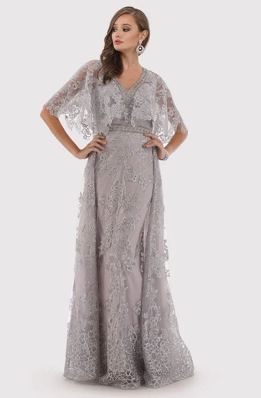 Wedding guest dresses with button - down fronts and A - line silhouettesLara Dresses - 29799 Lace Appliqued Cape Sleeve Gown with Overskirt