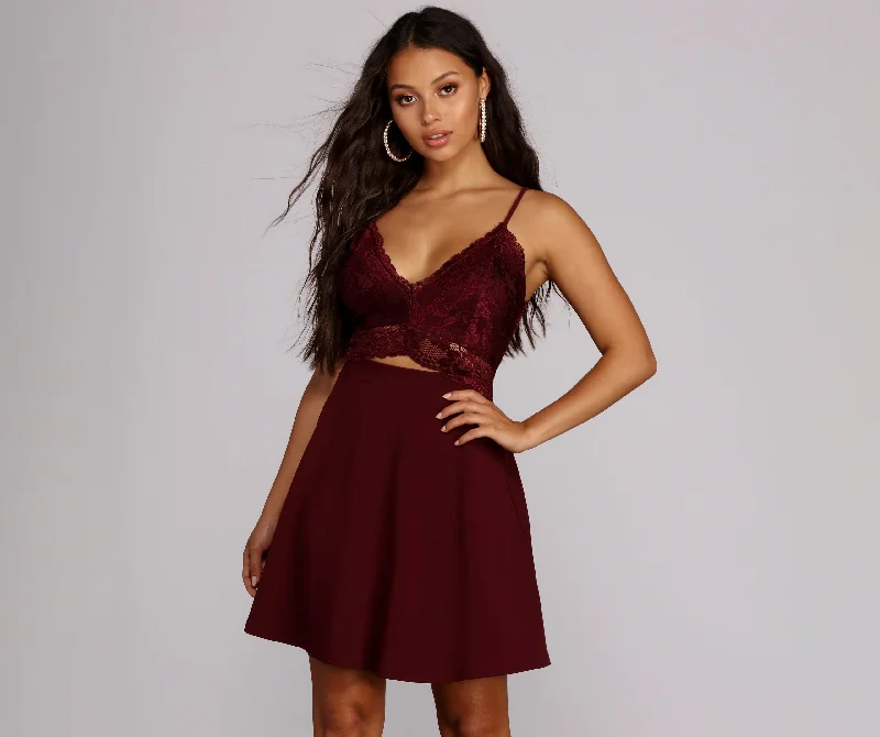 Sheer wedding guest dresses with lace inserts and long sleevesLavish In Lace Skater Dress Sheer wedding guest dresses with lace inserts and long sleevesLavish In Lace Skater Dress