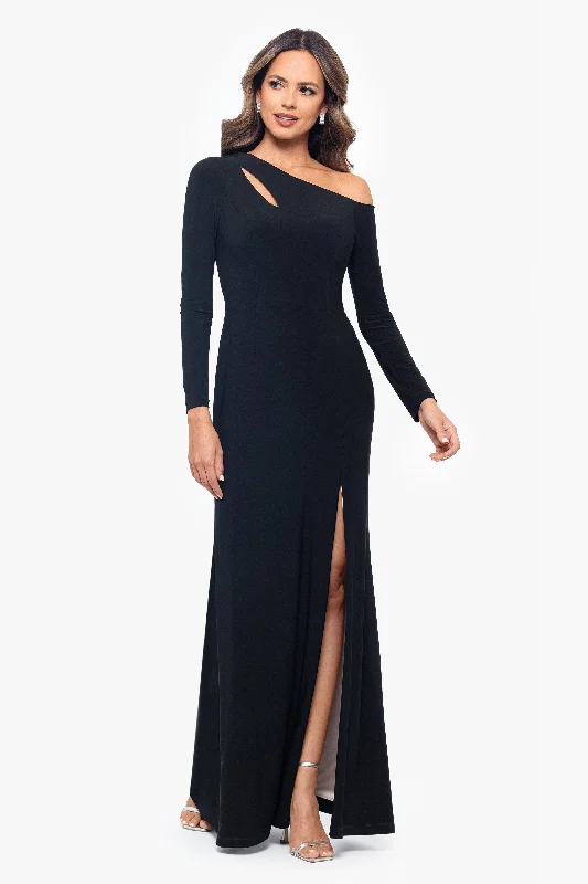 Long - cocktail dresses with a slit and a fitted bodice"Leona" Long Jersey Knit Contrast Lining Off the Shoulder Dress Long - cocktail dresses with a slit and a fitted bodice"Leona" Long Jersey Knit Contrast Lining Off the Shoulder Dress