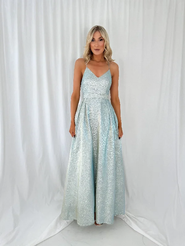 Sleeveless wedding guest dresses with pleated bodicesLeoni Maxi Glitter Dress - Light Green