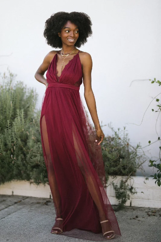 Wedding guest dresses with keyhole backs and flowing fabricsLeslie Tulle Maxi Dress