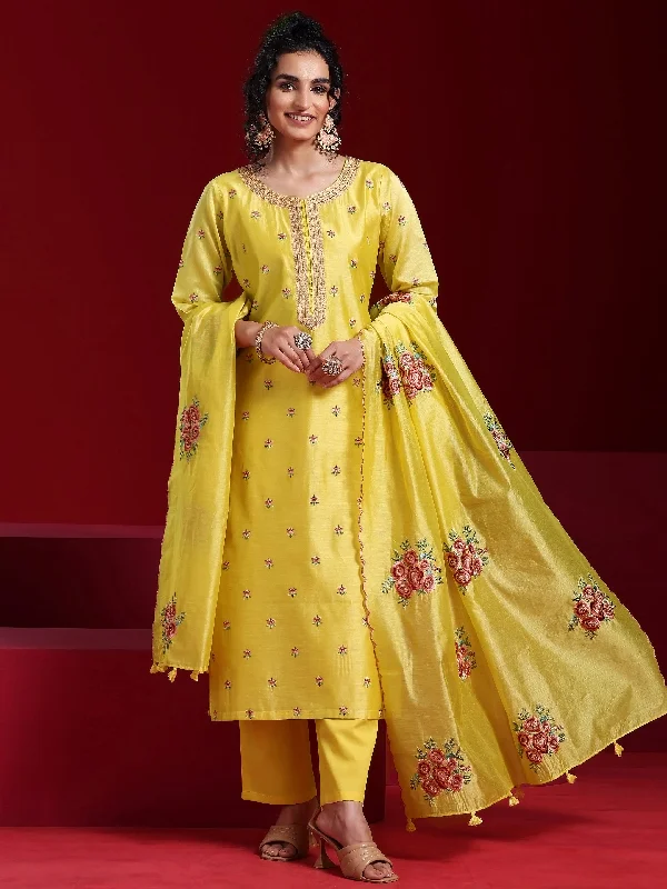 Cocktail dresses with a fringe detail and a sleeveless designLibas Art Yellow Embroidered Chanderi Silk Straight Suit With Dupatta