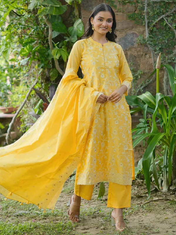 Mini cocktail dresses with a tiered ruffled skirt and a scoop neckLibas Art Yellow Embroidered Chanderi Silk Straight Suit With Dupatta