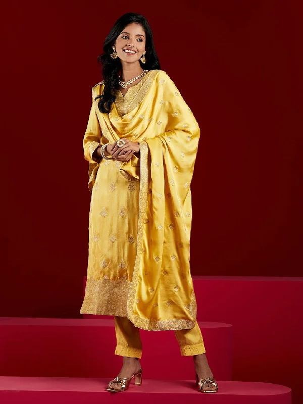 Ruffled cocktail dresses with a knee - length hem for a feminine appealLibas Art Yellow Woven Design Silk Straight Suit With Dupatta