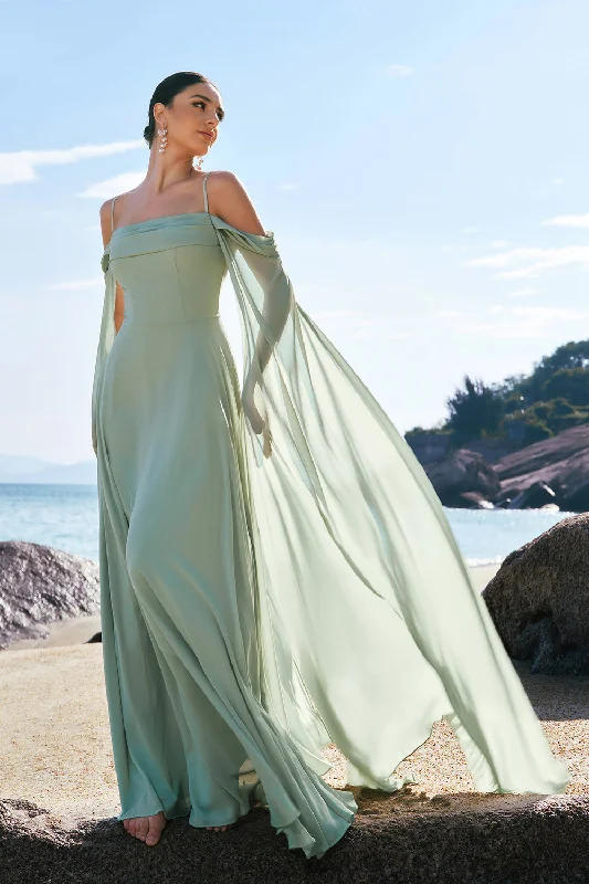 Wedding guest dresses with pom - pom trims for a playful lookLight Green Cold Shoulder Detachable Sleeves Chiffon Bridesmaid Dress