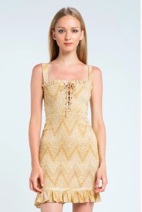 Wedding guest dresses with high - low hems and floral appliquesLigia Yellow Chevron Print Smocked Mini Dress
