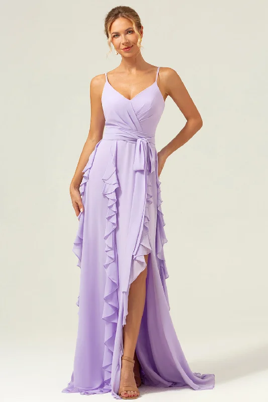 Wedding guest dresses with cold - shoulder designs and solid colorsLilac Spaghetti Straps A-Line Chiffon Ruffled Bridesmaid Dress with Slit Wedding guest dresses with cold - shoulder designs and solid colorsLilac Spaghetti Straps A-Line Chiffon Ruffled Bridesmaid Dress with Slit