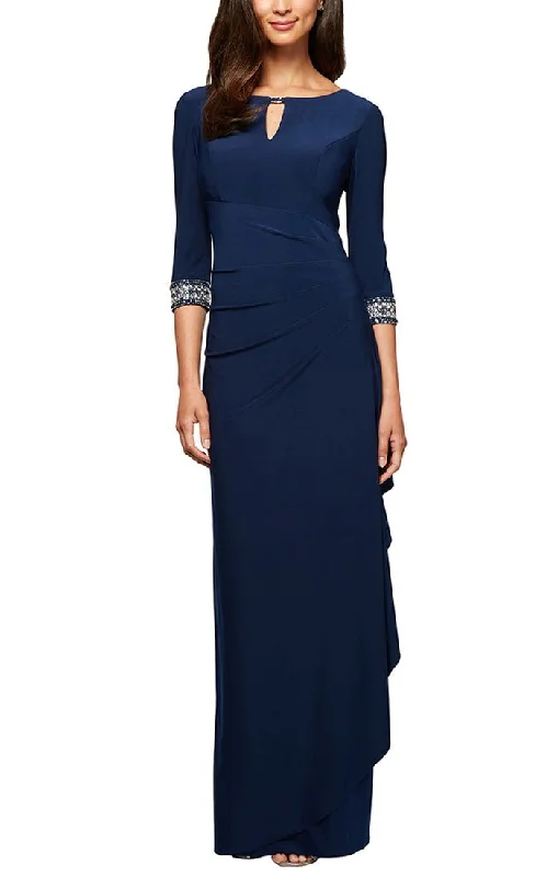 Wedding guest dresses with fringe accents for a bohemian - inspired weddingLong A-Line Jersey Dress with Side Ruched Cascade Skirt, Keyhole Cutout Neckline and Embllished Sleeves/Neckline Wedding guest dresses with fringe accents for a bohemian - inspired weddingLong A-Line Jersey Dress with Side Ruched Cascade Skirt, Keyhole Cutout Neckline and Embllished Sleeves/Neckline