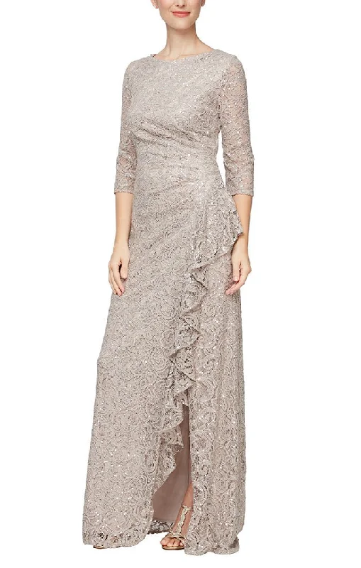Wedding guest dresses with puff sleeves and knee - length hemsSequin Lace Gown with 3/4 Sleeves & Cascade Detail Front Slit Wedding guest dresses with puff sleeves and knee - length hemsSequin Lace Gown with 3/4 Sleeves & Cascade Detail Front Slit