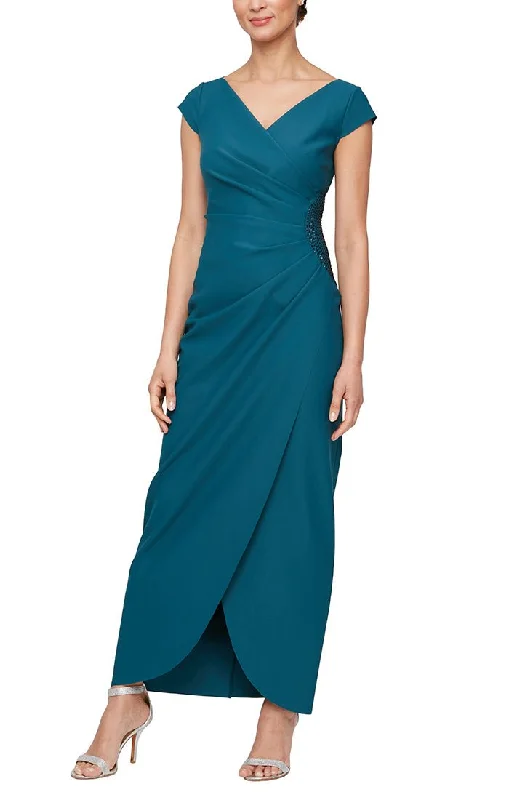 Wedding guest dresses with cut - out details and midi lengthsLong Cap Sleeve Compression Sheath Dress with Surplice Neckline and Hip Detail Wedding guest dresses with cut - out details and midi lengthsLong Cap Sleeve Compression Sheath Dress with Surplice Neckline and Hip Detail