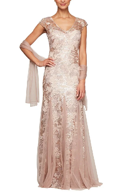 Wedding guest dresses with keyhole backs and flowing fabricsLong Cap Sleeve Embroidered Fit and Flare Dress With Godet Detail Skirt, Illusion V-Neckline and Shawl Wedding guest dresses with keyhole backs and flowing fabricsLong Cap Sleeve Embroidered Fit and Flare Dress With Godet Detail Skirt, Illusion V-Neckline and Shawl