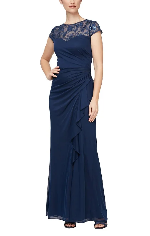 Satin wedding guest dresses with side slits for a sexy touchLong Cascade Detail Dress with Embroidered Illusion Neckline and Cap Sleeves Satin wedding guest dresses with side slits for a sexy touchLong Cascade Detail Dress with Embroidered Illusion Neckline and Cap Sleeves