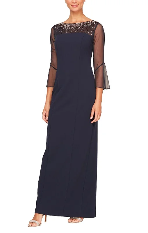 Animal - print wedding guest dresses in subtle colors for a bold statementLong Column Stretch Crepe Gown with Heat Set Illusion Neckline & Bell Sleeves Animal - print wedding guest dresses in subtle colors for a bold statementLong Column Stretch Crepe Gown with Heat Set Illusion Neckline & Bell Sleeves