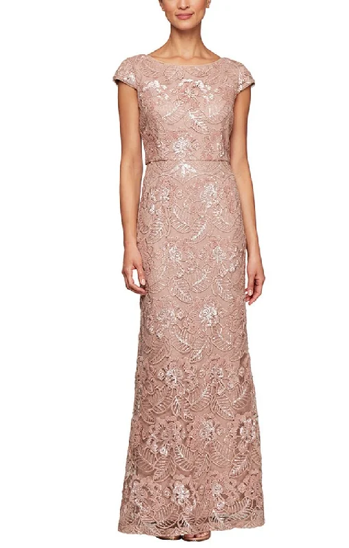 Lace - trimmed wedding guest dresses in blush pinkLong Embroidered Gown with Cap Sleeves & Sequin Detail Lace - trimmed wedding guest dresses in blush pinkLong Embroidered Gown with Cap Sleeves & Sequin Detail