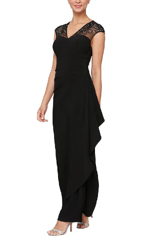 Embroidered wedding guest dresses in earthy tones for a rustic weddingLong Empire Waist Dress with Embellished and Embroidered Illusion Neckline/Back Detail and Cascade Detail Skirt Embroidered wedding guest dresses in earthy tones for a rustic weddingLong Empire Waist Dress with Embellished and Embroidered Illusion Neckline/Back Detail and Cascade Detail Skirt
