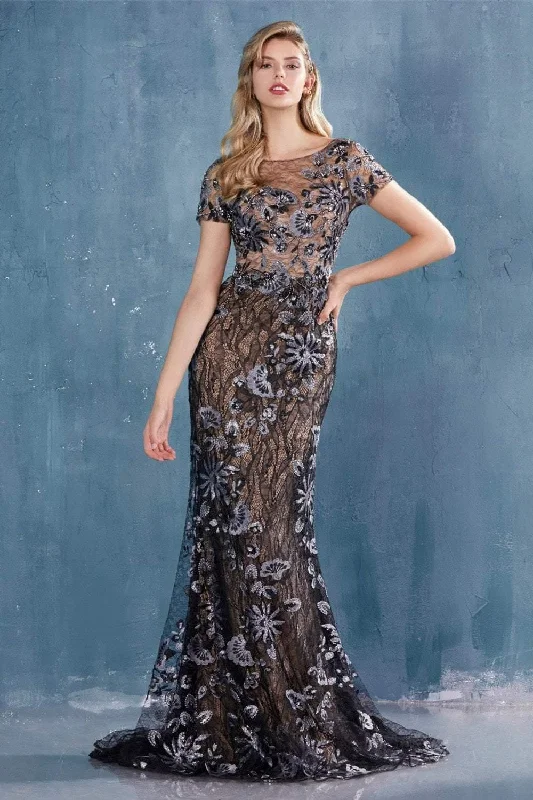 Solid - colored bodycon dress for a classic appearance​Andrea & Leo CDA0743 Long Beaded Short Sleeve Formal Dress