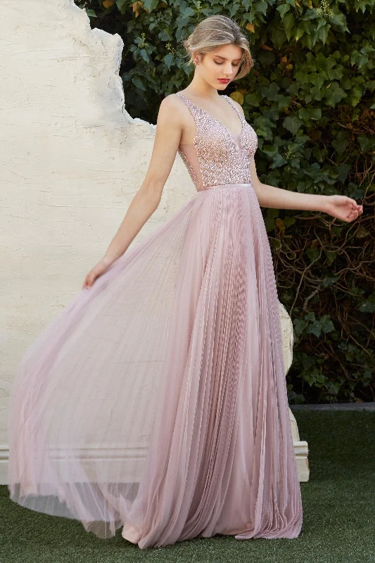 Mini wedding guest dresses with glittery accents for a trendy lookCinderella Divine CJ535 Long Formal Pleated Evening Prom Dress