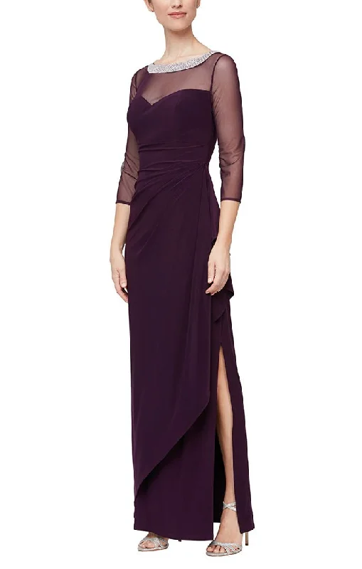 Bow - backed wedding guest dresses in silk for a luxurious feelLong Matte Jersey Illusion 3/4 Sleeve Side Ruched Dress with Embellished Neckline Bow - backed wedding guest dresses in silk for a luxurious feelLong Matte Jersey Illusion 3/4 Sleeve Side Ruched Dress with Embellished Neckline