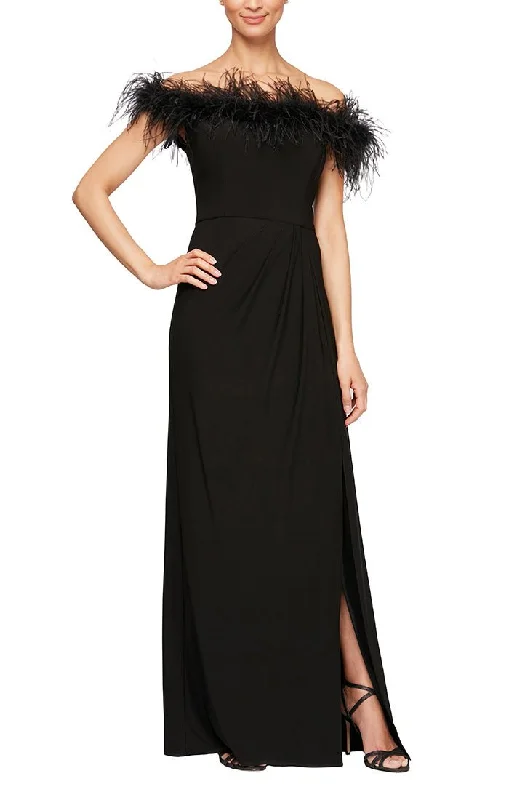 One - shoulder wedding guest dresses with beaded detailsLong Off-the-Shoulder Jersey Gown with Front Slit & Maribou Detail Neckline One - shoulder wedding guest dresses with beaded detailsLong Off-the-Shoulder Jersey Gown with Front Slit & Maribou Detail Neckline