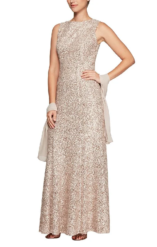 Asymmetric - hem wedding guest dresses in metallic huesLong Sleeveless Fit & Flare Dress with Sequin Detail and Matching Shawl Asymmetric - hem wedding guest dresses in metallic huesLong Sleeveless Fit & Flare Dress with Sequin Detail and Matching Shawl