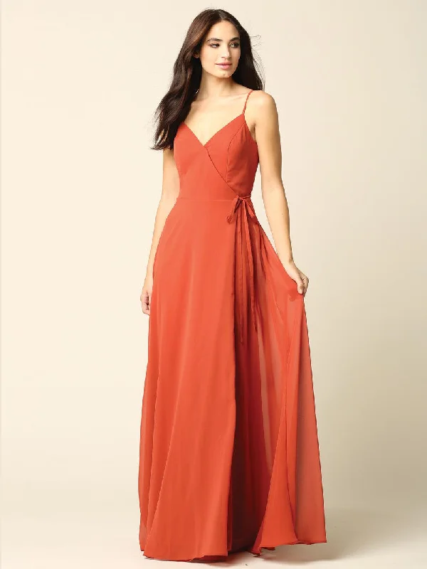 Bodycon dress with a transparent panel​Long Spaghetti Strap Chiffon Wrap Bridesmaids Gown