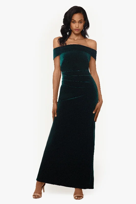 Mini cocktail dresses with a denim fabric for a casual - chic look"Lori" Off The Shoulder Long Ruched Velvet Dress