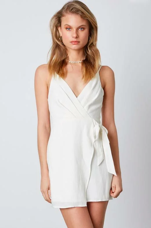 Plaid wedding guest dresses in muted colors for a fall weddingLove at First Sight White Wrap Mini Dress
