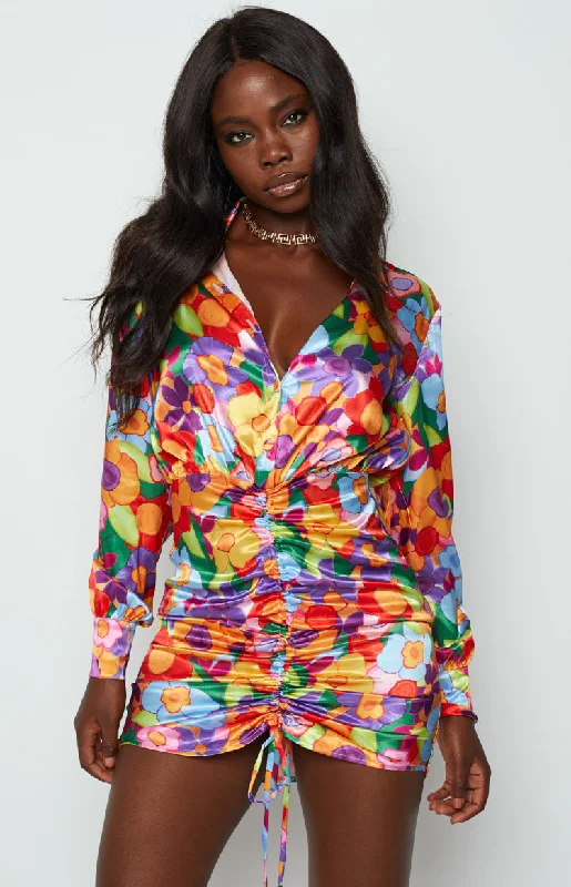 A - line cocktail wedding guest dresses in pastel colorsLover Satin Shirt Dress Multi Floral A - line cocktail wedding guest dresses in pastel colorsLover Satin Shirt Dress Multi Floral