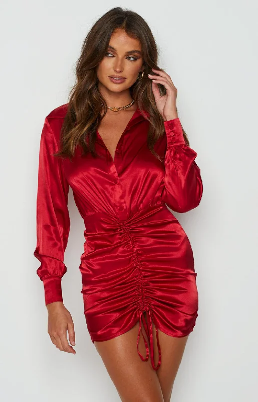 Wedding guest dresses with mesh panels and empire waistsLover Satin Shirt Dress Red