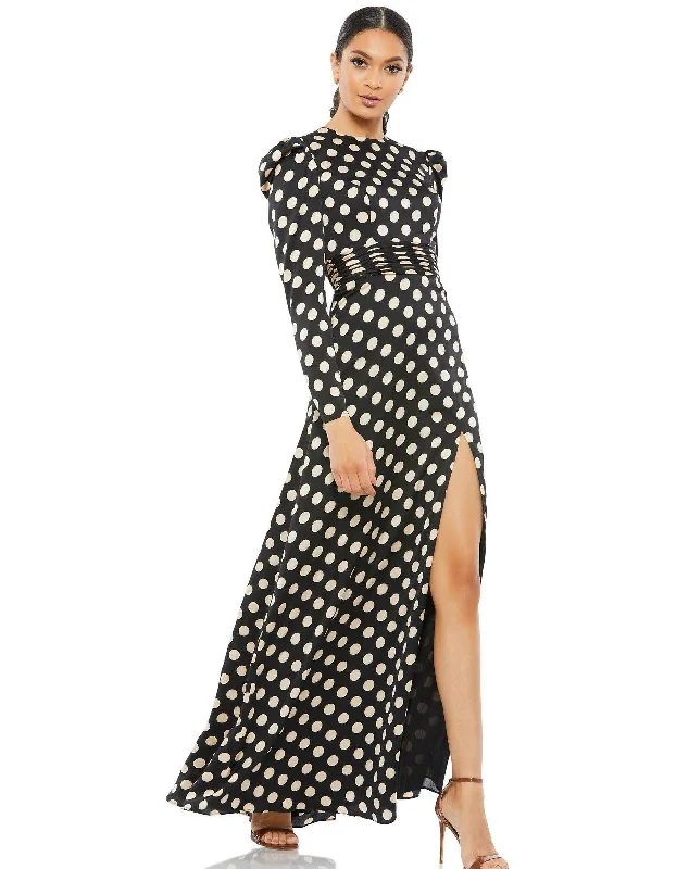 Bodycon dress in a pastel color palette​Mac Duggal 26572 Long Sleeve Polka Dot Formal Dress