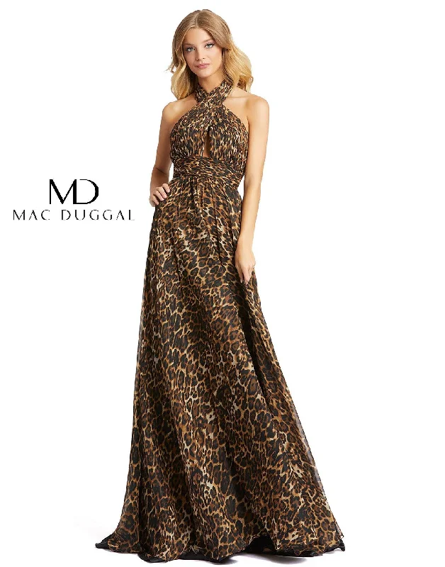 Sleeveless wedding guest dresses with ruffled hemsMac Duggal 67360 Prom Long Halter Animal Print Gown