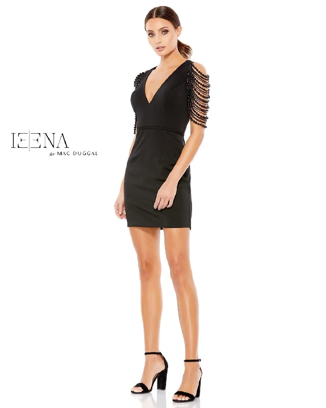 Cocktail dresses with a tiered skirt and a bow at the waistMac Duggal 26526 Short Cocktail Beaded Dress