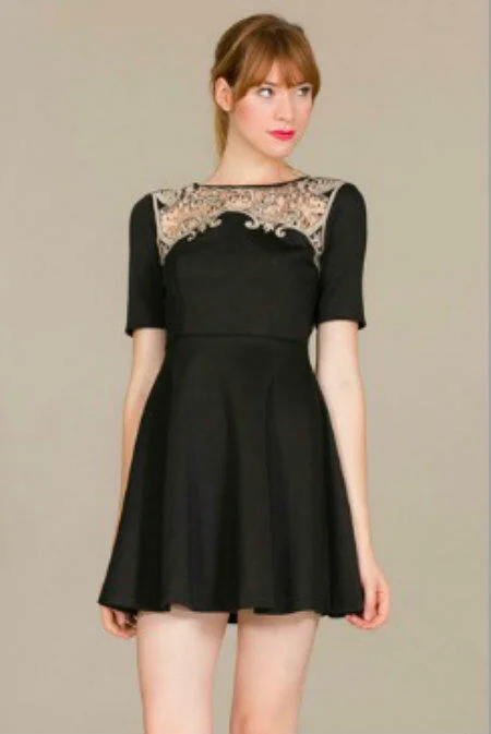 Animal - print wedding guest dresses in subtle colors for a bold statementMaggie Black Crochet Trim Skater Dress Animal - print wedding guest dresses in subtle colors for a bold statementMaggie Black Crochet Trim Skater Dress