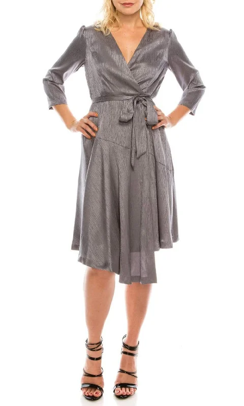 Cocktail dresses with an abstract print and a high - low hemlineMaison Tara - 91143M Three Quarter Sleeve Twill Faux Wrap Dress